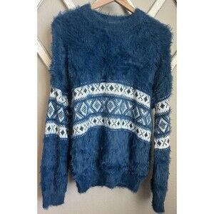 BDG Urban Outfitters Men's S Fuzzy Fair Isle Crew Neck Sweater - Blue